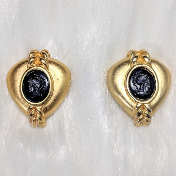 Goldtone Greek Design Cameo Earrings - Picture 2 of 3